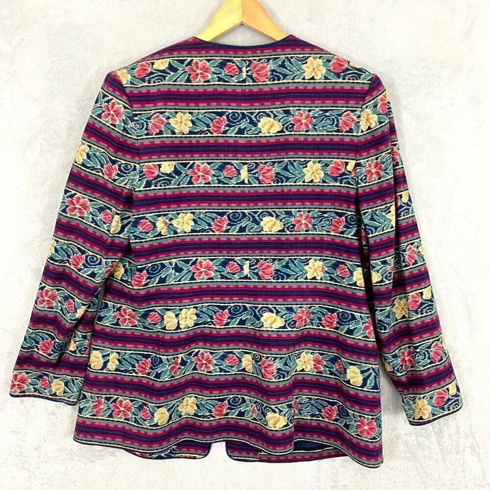 Vintage‎ Adrianna Papell Linen Blend Jacket Womens 14L Floral Stripe Retro 80s